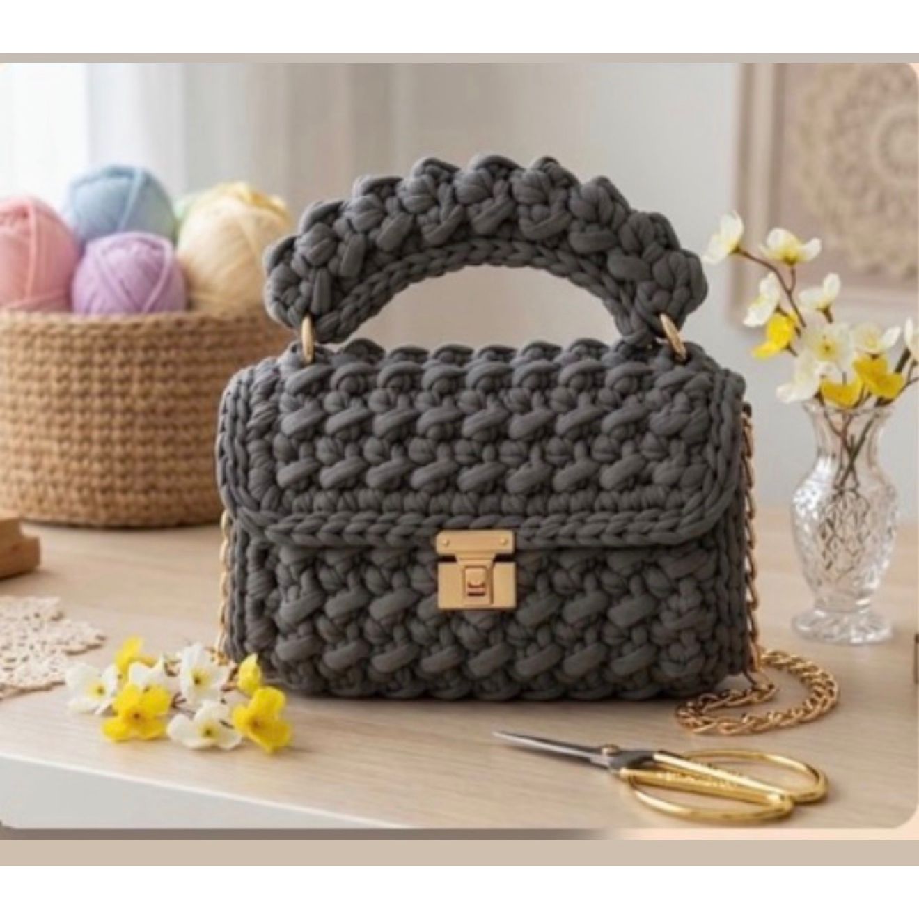 Crochet Grey Mini Tote Smart Hand Bag. Hand Made in the U.K. by Kenia - KPhasion 🇧🇷❤️🇧🇷 (Pre order with personal customisations)