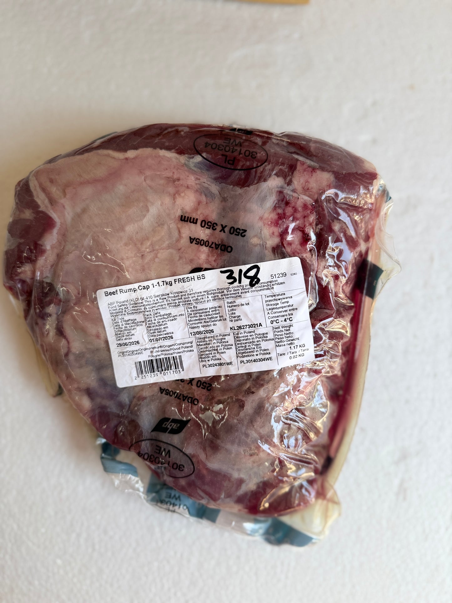 Picanha (From Blue Smoke Farms) Piece 318 1.162 @ £20.47 /KG
