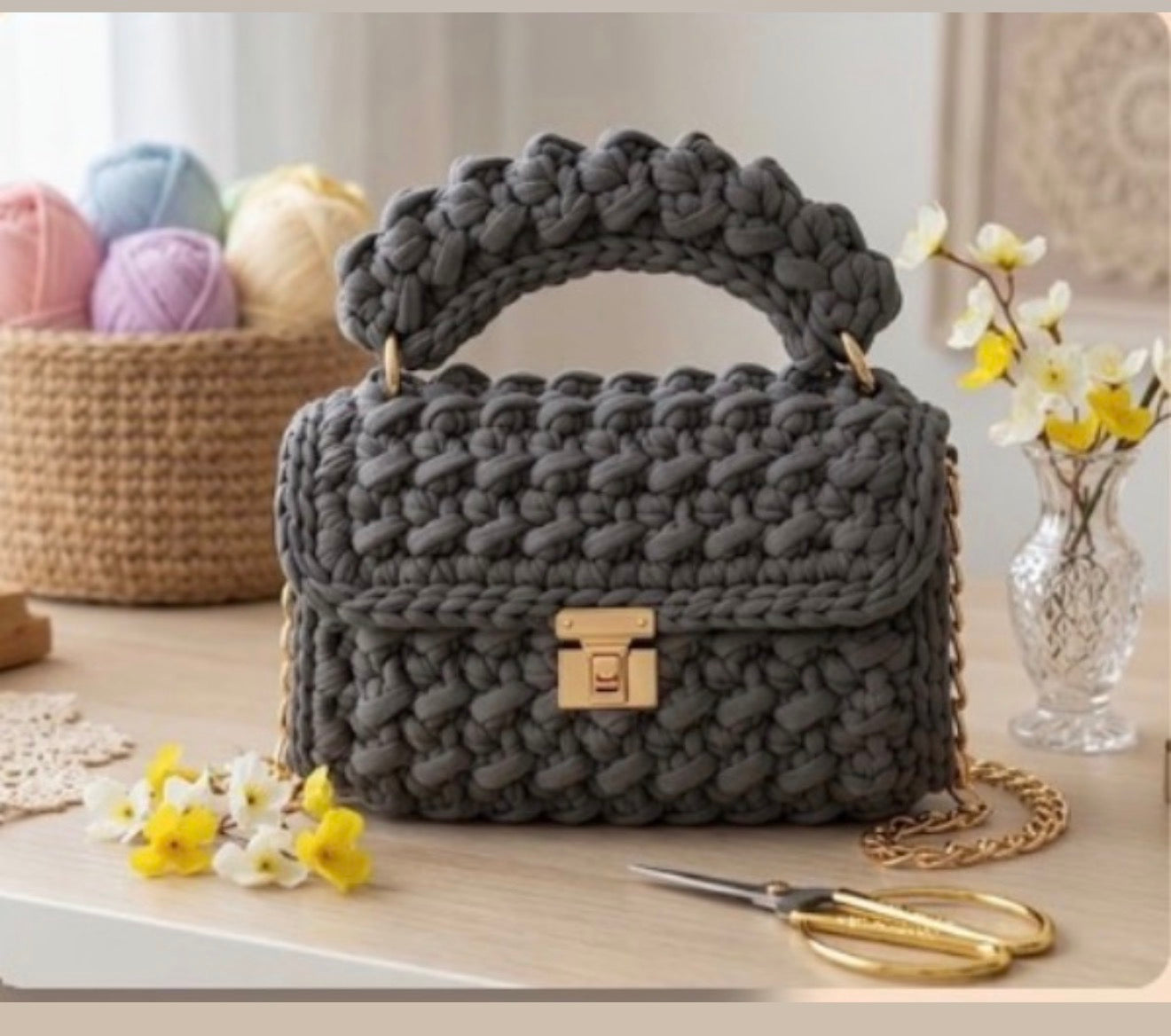 Crochet Grey Mini Tote Smart Hand Bag. Hand Made in the U.K. by Kenia - KPhasion 🇧🇷❤️🇧🇷 (Pre order with personal customisations)