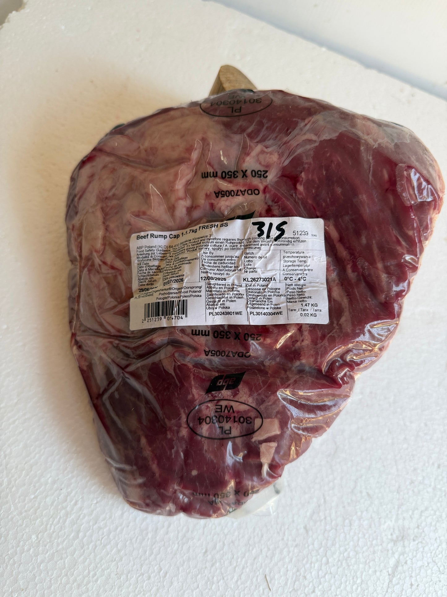 Picanha (From Blue Smoke Farms) Piece 315 1.486 @ £20.47 /KG